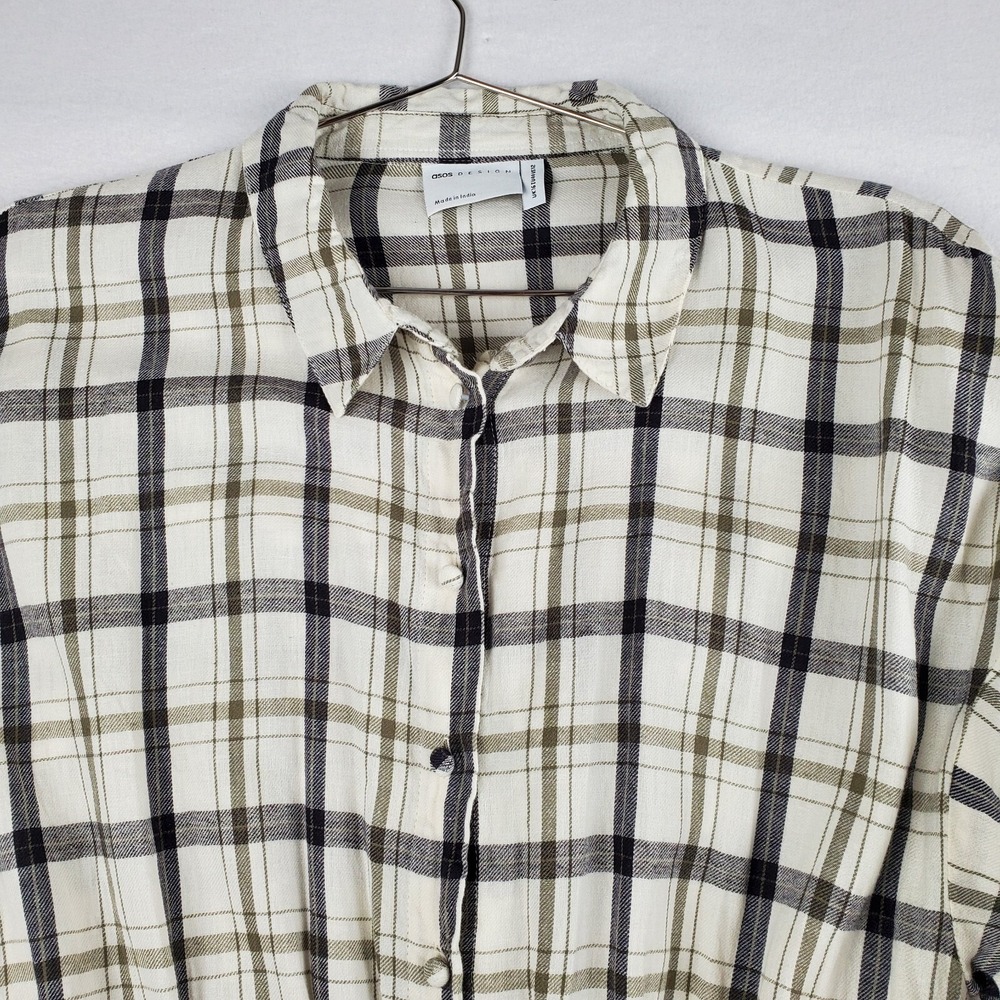 Asos Design Mini Skater Shirt Dress Women 12 CreamBlack Plaid Cotton Drawstring - Picture 5 of 16